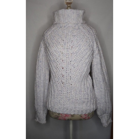 POL Sweaters - POL SMST289 Chunky Cable Knit Turtleneck Sweater White Speckled Balloon Sleeve M